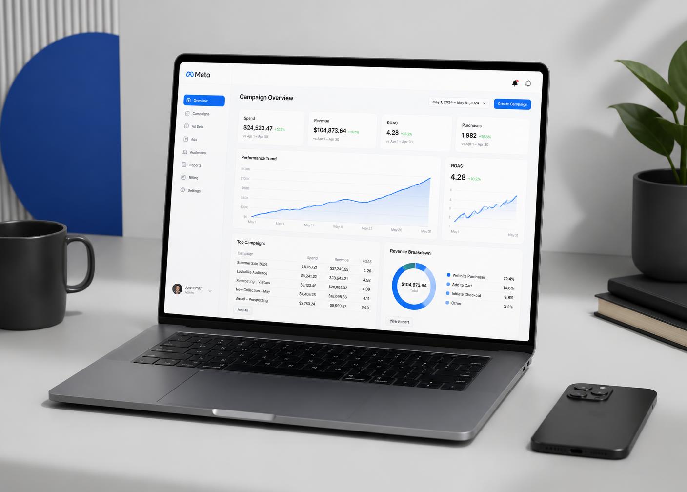 Notebook exibindo painel de campanhas do Meta Ads com métricas de retorno e vendas