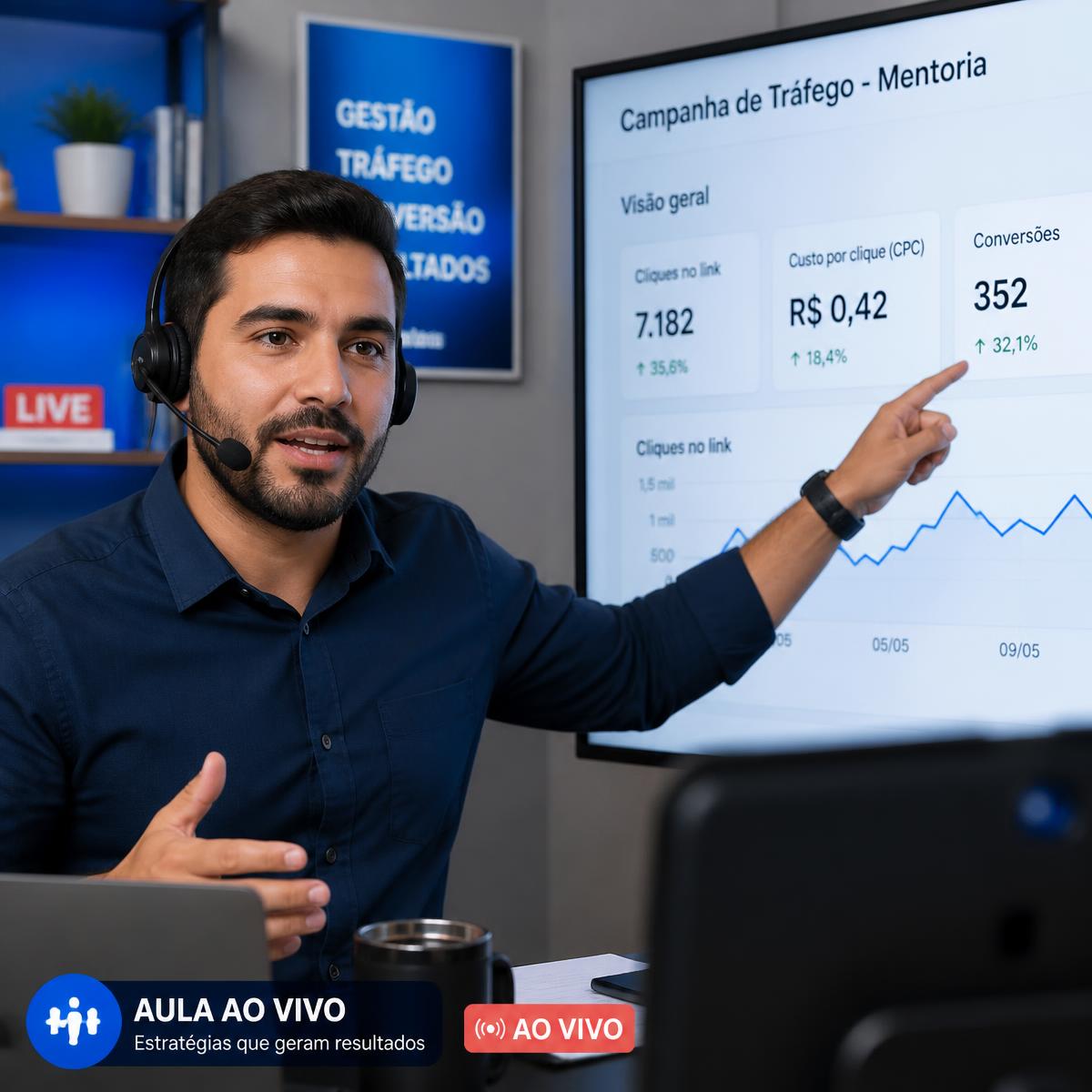Professor apresentando ao vivo um painel de campanha de tráfego pago com cliques e conversões